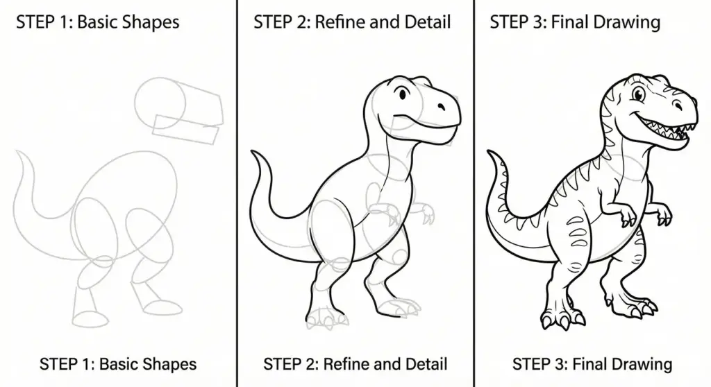 mage_ne98sine98sine98 11 Drawing tutorial: three steps to sketch a cartoon dinosaur with basic shapes, refining details, and completing the final illustration. | Sky Rye Design Drawing tutorial: three steps to sketch a cartoon dinosaur with basic shapes, refining details, and completing the final illustration.