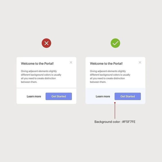 Comparison of user interface design: incorrect use (left) and correct use (right) of different background colors for clarity.