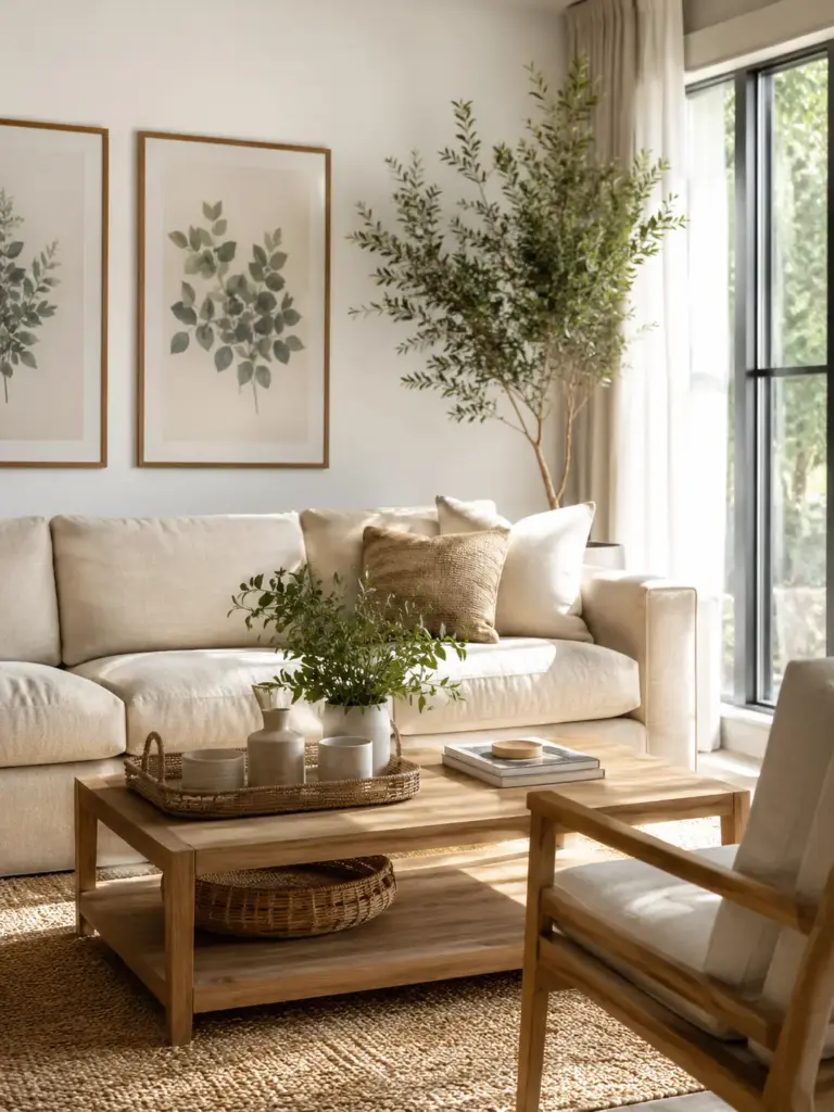 0e4c2fe0-e55f-4db5-a28d-f825a266d0dc Modern neutral living room interior: beige sofa, wooden coffee table, wicker decor, leafy potted plant, botanical wall art. | Sky Rye Design Modern neutral living room interior: beige sofa, wooden coffee table, wicker decor, leafy potted plant, botanical wall art.
