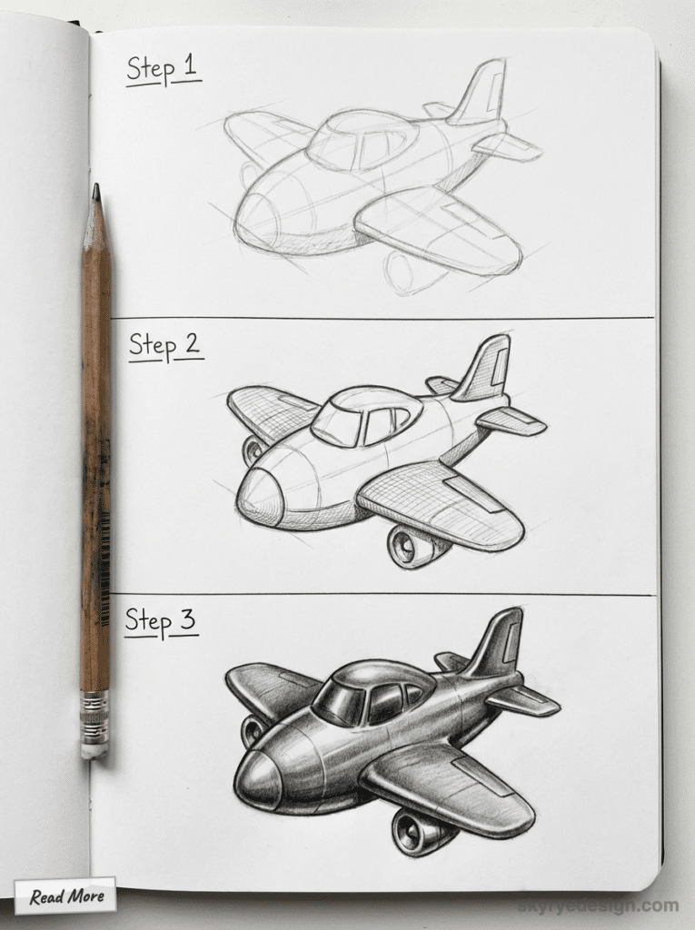 sketch-tutorial - 2026-01-19T143752919 Step-by-step guide to drawing a 3D cartoon airplane with pencil sketches on notebook pages, complete with a pencil for scale. | Sky Rye Design Step-by-step guide to drawing a 3D cartoon airplane with pencil sketches on notebook pages, complete with a pencil for scale.