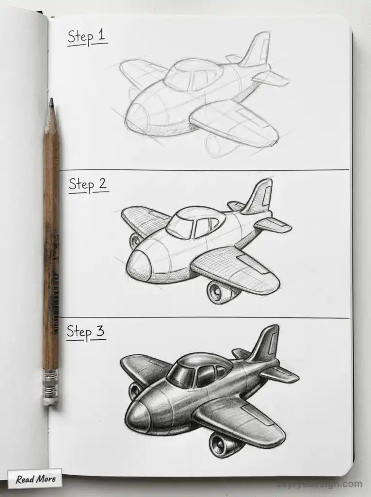 Step-by-step guide to drawing a 3D cartoon airplane with pencil sketches on notebook pages, complete with a pencil for scale.