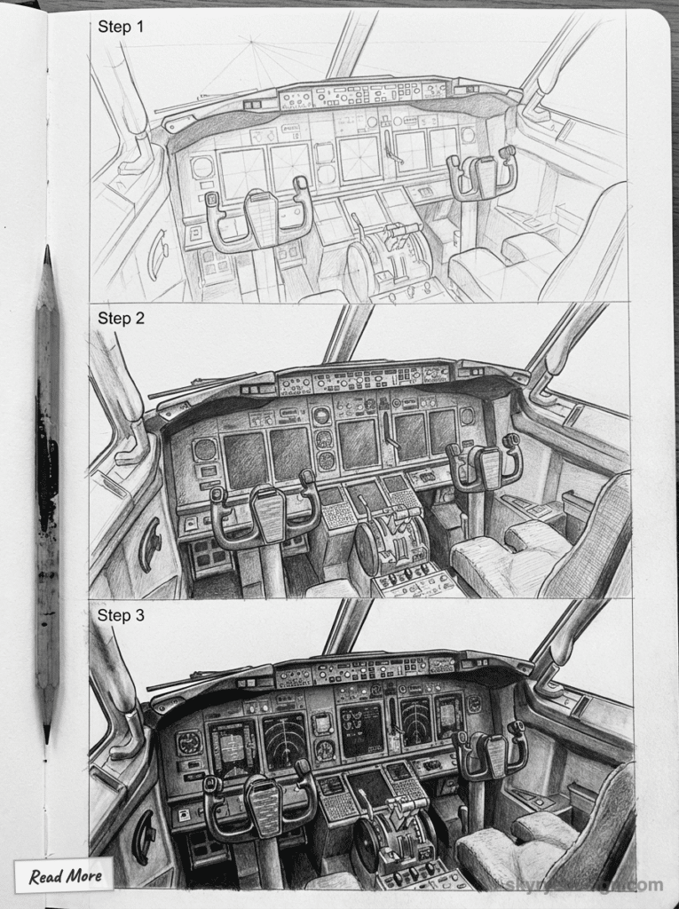 sketch-tutorial - 2026-01-19T144100283 Drawing process of an airplane cockpit in three steps, from sketch to detailed shading, alongside a pencil. | Sky Rye Design Drawing process of an airplane cockpit in three steps, from sketch to detailed shading, alongside a pencil.