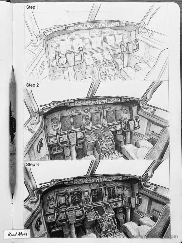 Drawing process of an airplane cockpit in three steps, from sketch to detailed shading, alongside a pencil.