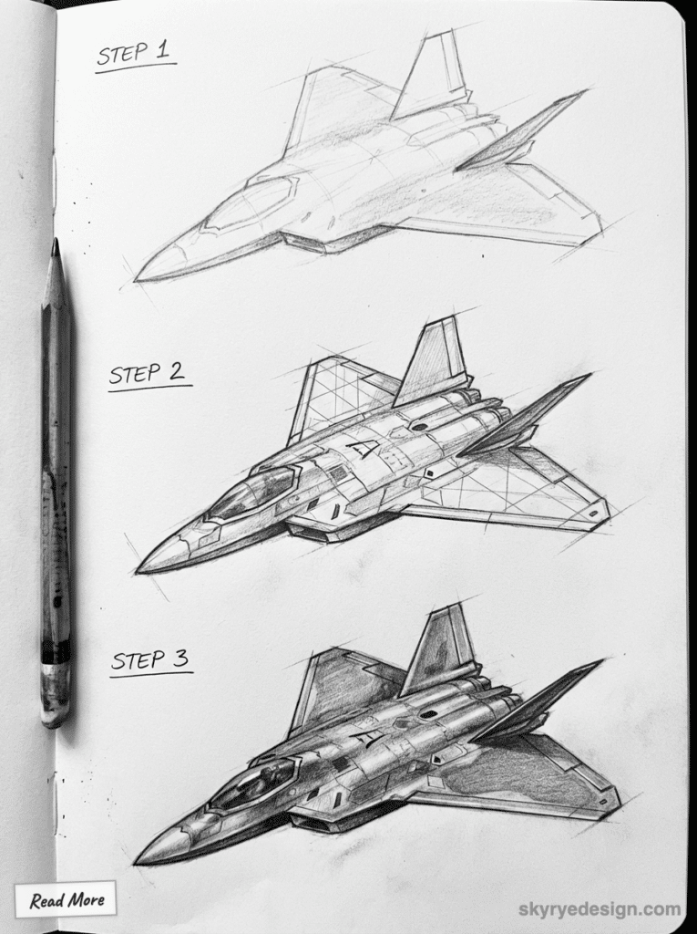 sketch-tutorial - 2026-01-19T144149666 Drawing tutorial of a fighter jet in three steps, showing progression from basic outline to detailed sketch with shading. | Sky Rye Design Drawing tutorial of a fighter jet in three steps, showing progression from basic outline to detailed sketch with shading.