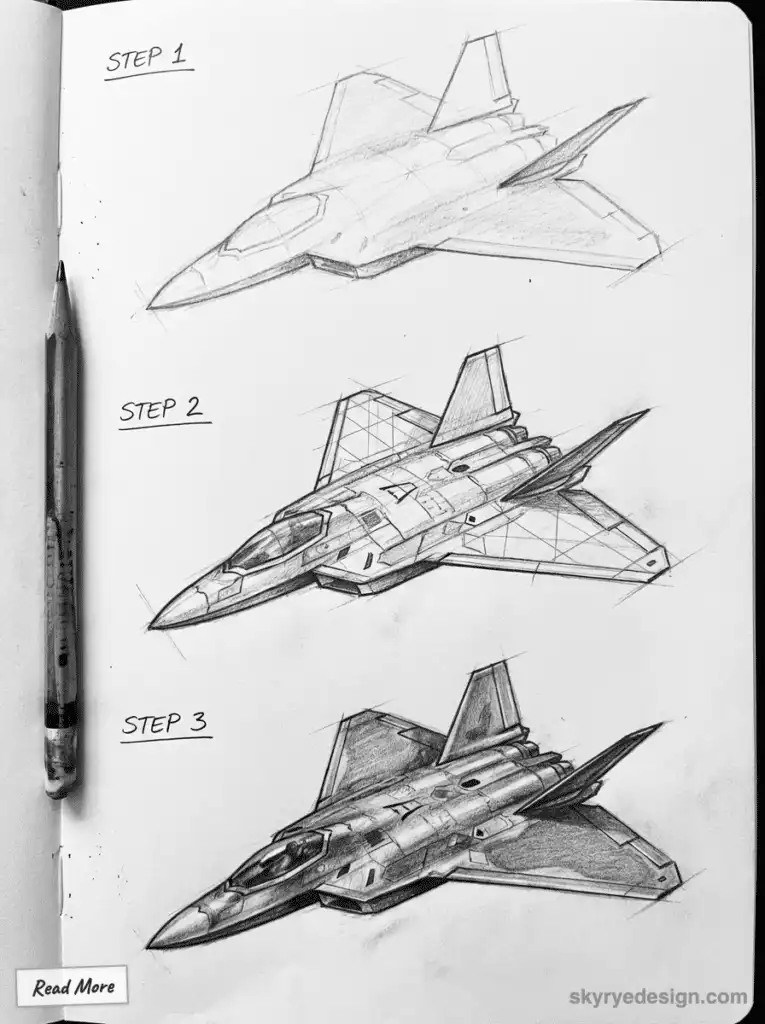 Drawing tutorial of a fighter jet in three steps, showing progression from basic outline to detailed sketch with shading.