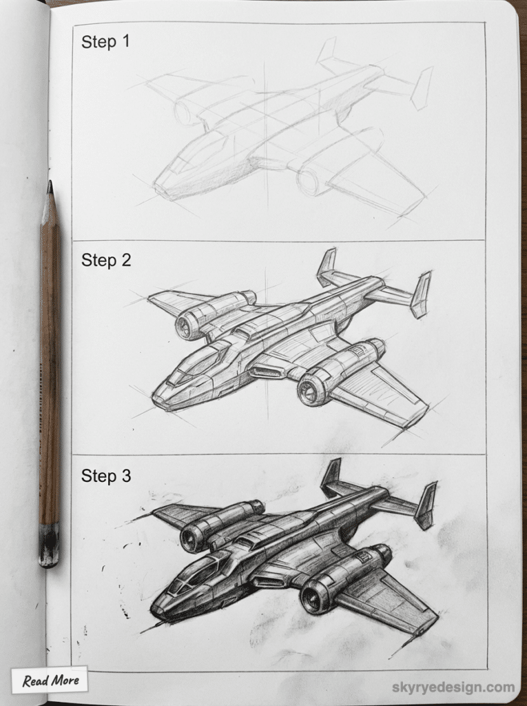 sketch-tutorial - 2026-01-19T144333391 Step-by-step guide: Sketching a futuristic plane in pencil, from outline to detailed shading. Design progress in three | Sky Rye Design Step-by-step guide: Sketching a futuristic plane in pencil, from outline to detailed shading. Design progress in three
