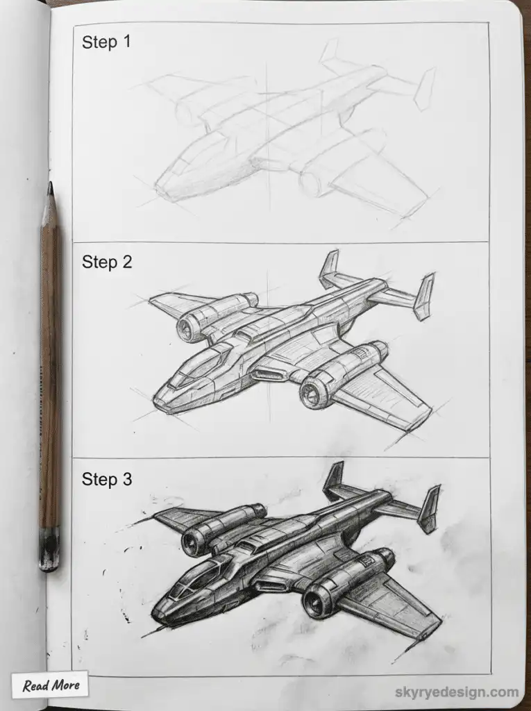 Step-by-step guide: Sketching a futuristic plane in pencil, from outline to detailed shading. Design progress in three