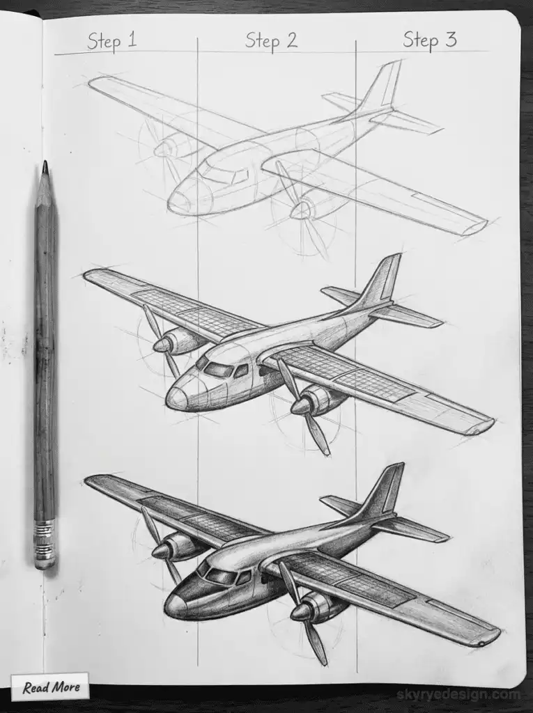 Step-by-step guide to drawing an airplane: sketch progressions from outline to detailed shading, with pencil beside open