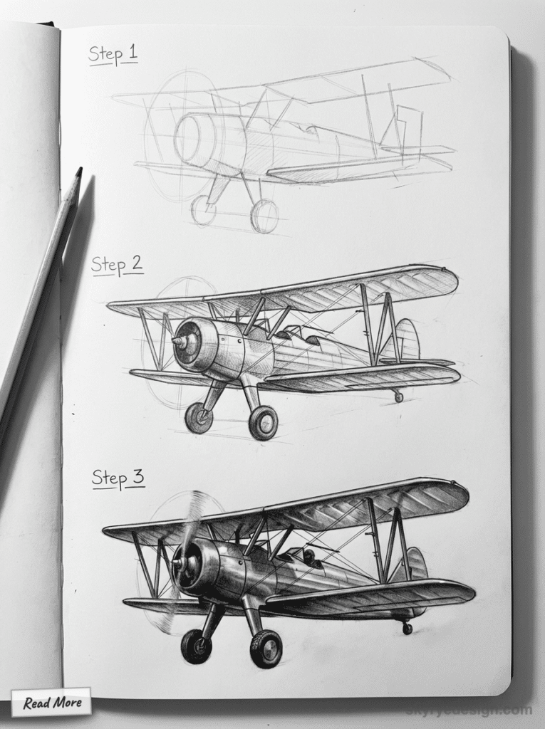 sketch-tutorial - 2026-01-19T144809268 Drawing tutorial: Three-step sketch of a vintage biplane, from basic outline to detailed shading on a sketchbook page with | Sky Rye Design Drawing tutorial: Three-step sketch of a vintage biplane, from basic outline to detailed shading on a sketchbook page with