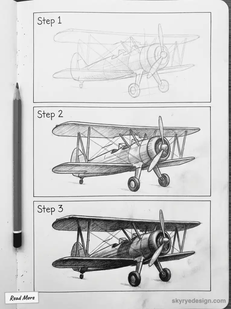 Step-by-step guide to drawing a biplane, from rough sketch to detailed pencil shading. Ideal for aspiring artists and