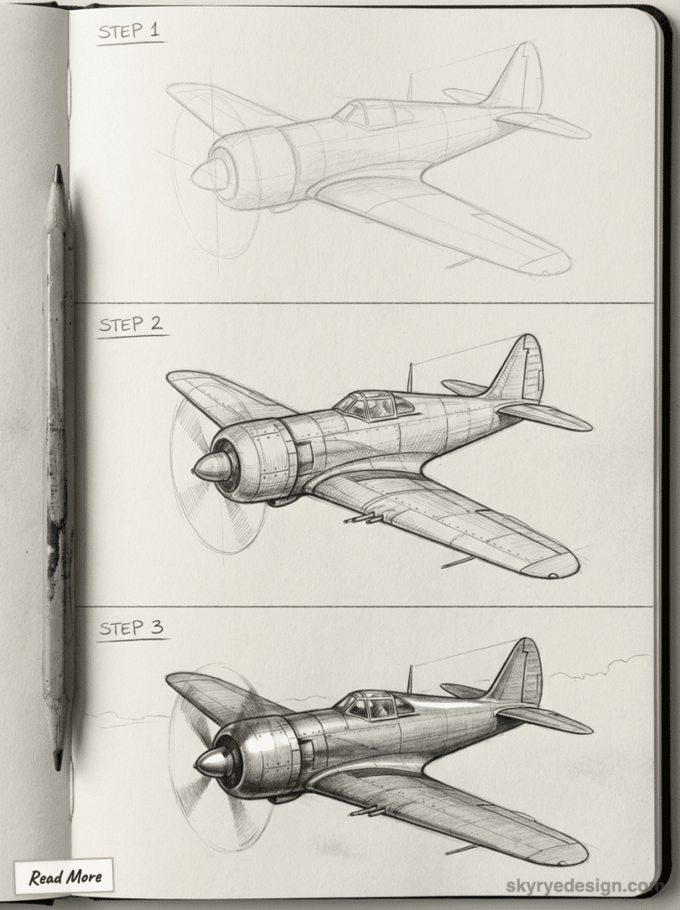 sketch-tutorial - 2026-01-19T150341720 Step-by-step sketch of a propeller airplane on a notepad, progressing from outline to detailed, realistic drawing. | Sky Rye Design Step-by-step sketch of a propeller airplane on a notepad, progressing from outline to detailed, realistic drawing.