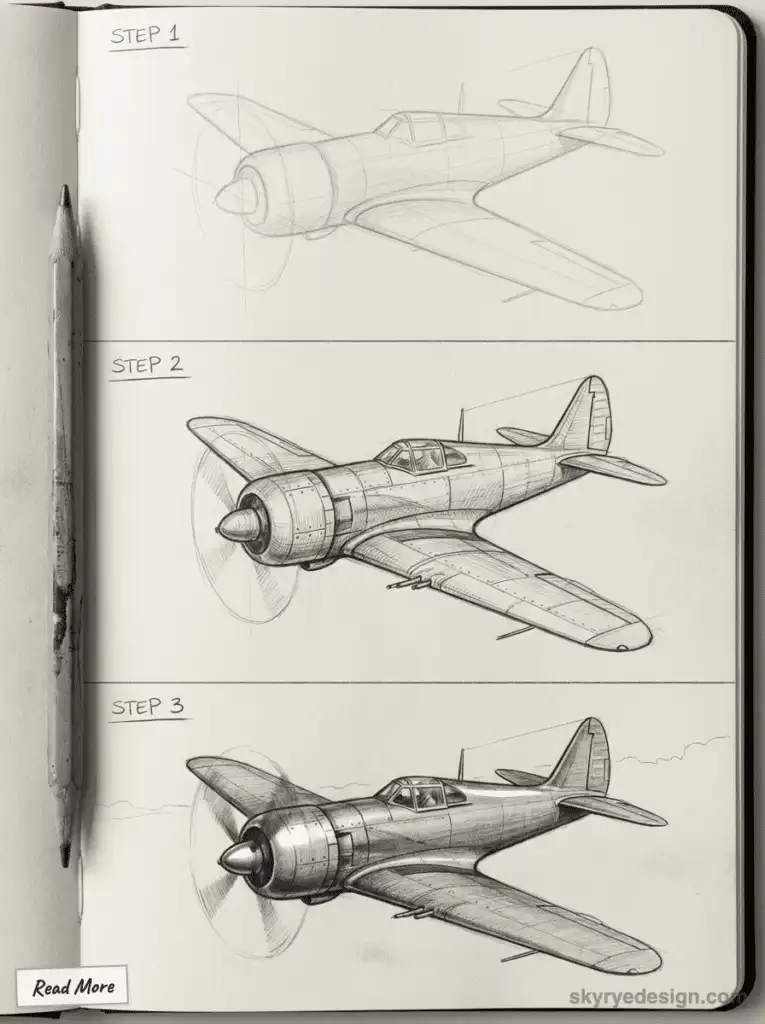 Step-by-step sketch of a propeller airplane on a notepad, progressing from outline to detailed, realistic drawing.