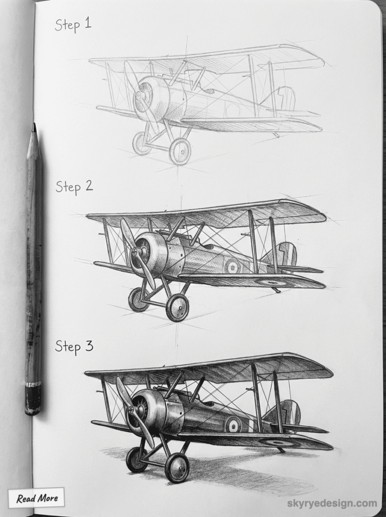 sketch-tutorial - 2026-01-19T150532662 Drawing process of a vintage biplane in three steps, from sketch to detailed shading, with a pencil on paper. | Sky Rye Design Drawing process of a vintage biplane in three steps, from sketch to detailed shading, with a pencil on paper.