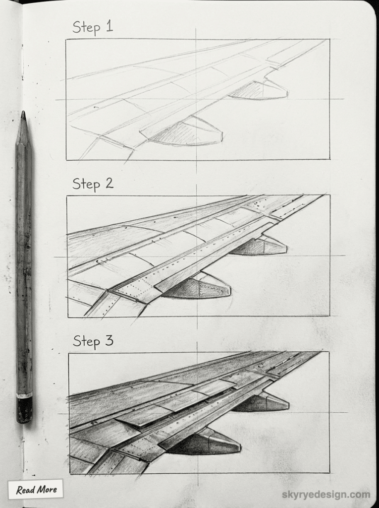 sketch-tutorial - 2026-01-19T150921892 Step-by-step pencil sketch of airplane wing design, showing progress from basic outline to detailed shading. | Sky Rye Design Step-by-step pencil sketch of airplane wing design, showing progress from basic outline to detailed shading.