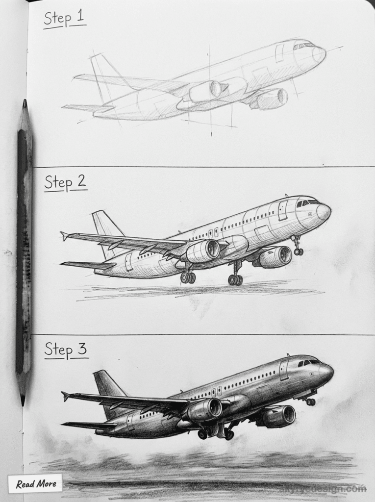 sketch-tutorial - 2026-01-19T151524295 Step-by-step pencil drawing of an airplane showing progress from sketch to detailed illustration, with text and pencil on | Sky Rye Design Step-by-step pencil drawing of an airplane showing progress from sketch to detailed illustration, with text and pencil on