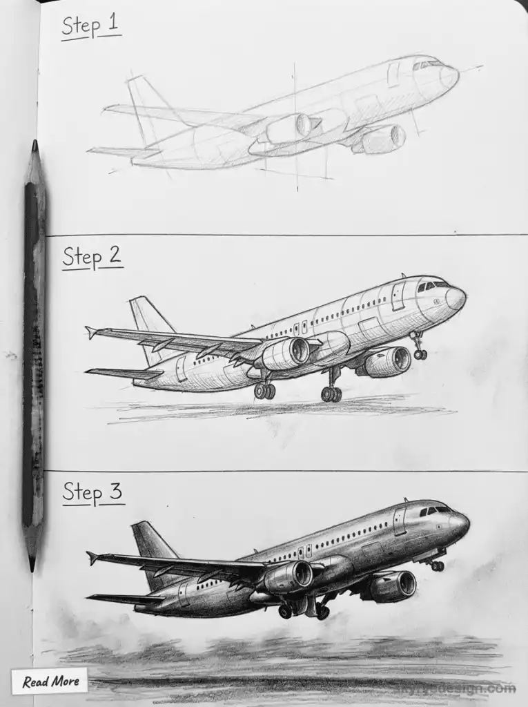 Step-by-step pencil drawing of an airplane showing progress from sketch to detailed illustration, with text and pencil on