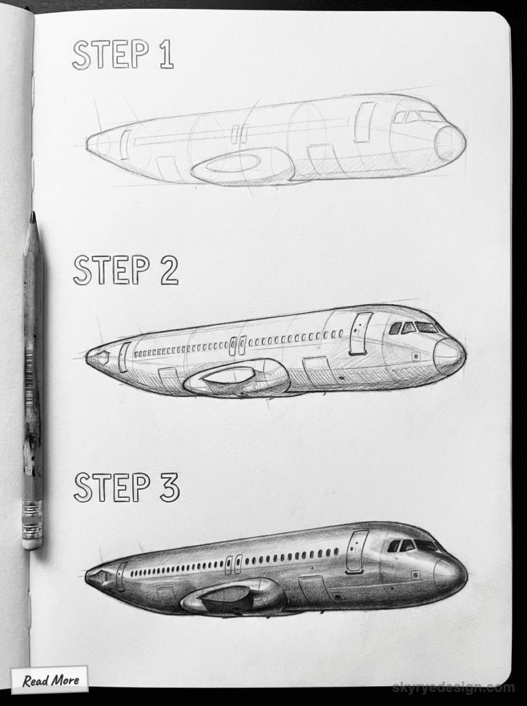 sketch-tutorial - 2026-01-19T152815578 Pencil drawing tutorial showing three steps to sketch an airplane, from basic outlines to detailed shading, on a notebook | Sky Rye Design Pencil drawing tutorial showing three steps to sketch an airplane, from basic outlines to detailed shading, on a notebook