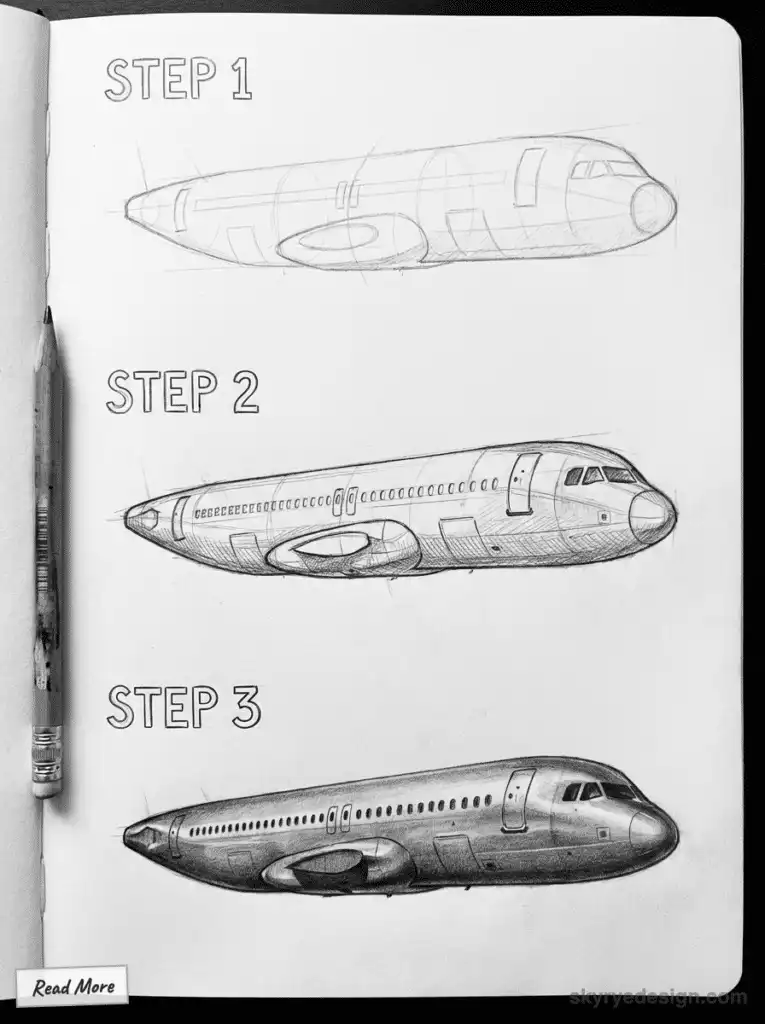 Pencil drawing tutorial showing three steps to sketch an airplane, from basic outlines to detailed shading, on a notebook
