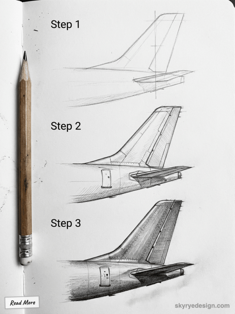sketch-tutorial - 2026-01-19T153650380 Three-step pencil drawing tutorial showing the gradual detailing of an airplane tail, with a pencil for scale. | Sky Rye Design Three-step pencil drawing tutorial showing the gradual detailing of an airplane tail, with a pencil for scale.