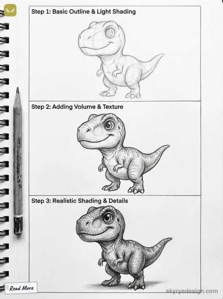 sketch-tutorial - 2026-01-27T205257031 Illustration tutorial of a dinosaur showing steps from basic outline to realistic shading using pencil sketches in a notebook. | Sky Rye Design Illustration tutorial of a dinosaur showing steps from basic outline to realistic shading using pencil sketches in a notebook.