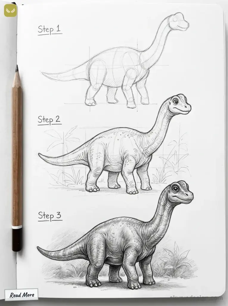 sketch-tutorial - 2026-01-27T205856168 Step-by-step dinosaur drawing tutorial: from basic outline to detailed sketch with shading, showcasing artistic progression in pencil. | Sky Rye Design Step-by-step dinosaur drawing tutorial: from basic outline to detailed sketch with shading, showcasing artistic progression in pencil.