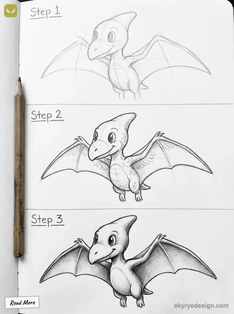 sketch-tutorial - 2026-01-27T210119159 Step-by-step guide to drawing a cartoon pterodactyl, showcasing three stages of detailed sketching progression. | Sky Rye Design Step-by-step guide to drawing a cartoon pterodactyl, showcasing three stages of detailed sketching progression.