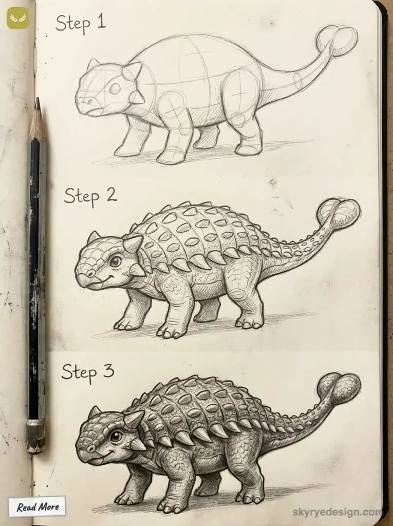 sketch-tutorial - 2026-01-27T210323248 Step-by-step guide to drawing an armored dinosaur. Sketch starts with basic shapes, progresses to detailed scales and texture. | Sky Rye Design Step-by-step guide to drawing an armored dinosaur. Sketch starts with basic shapes, progresses to detailed scales and texture.