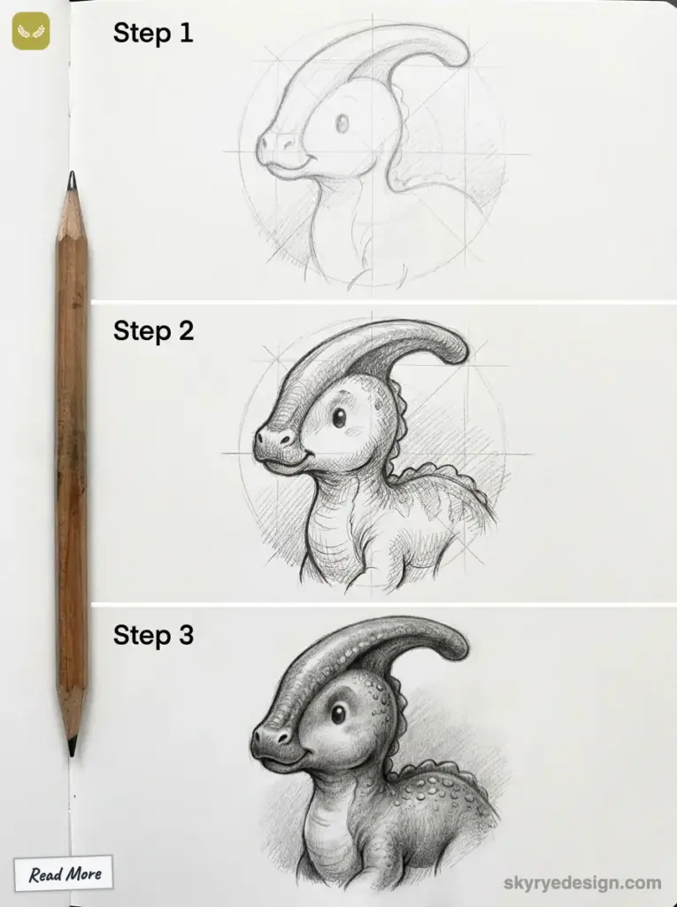 sketch-tutorial - 2026-01-27T210426379 Step-by-step pencil sketch of a dinosaur, illustrating drawing progression from basic outline to detailed shading. | Sky Rye Design Step-by-step pencil sketch of a dinosaur, illustrating drawing progression from basic outline to detailed shading.