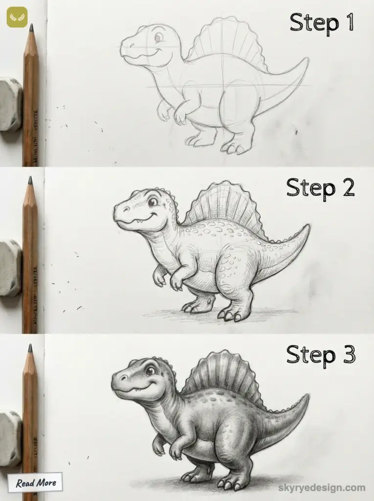 sketch-tutorial - 2026-01-27T210642781 Step-by-step guide to drawing a cute dinosaur: sketch, detail, and shade. Art supplies shown: pencil and eraser. Art by skyrredesign.com | Sky Rye Design Step-by-step guide to drawing a cute dinosaur: sketch, detail, and shade. Art supplies shown: pencil and eraser. Art by skyrredesign.com