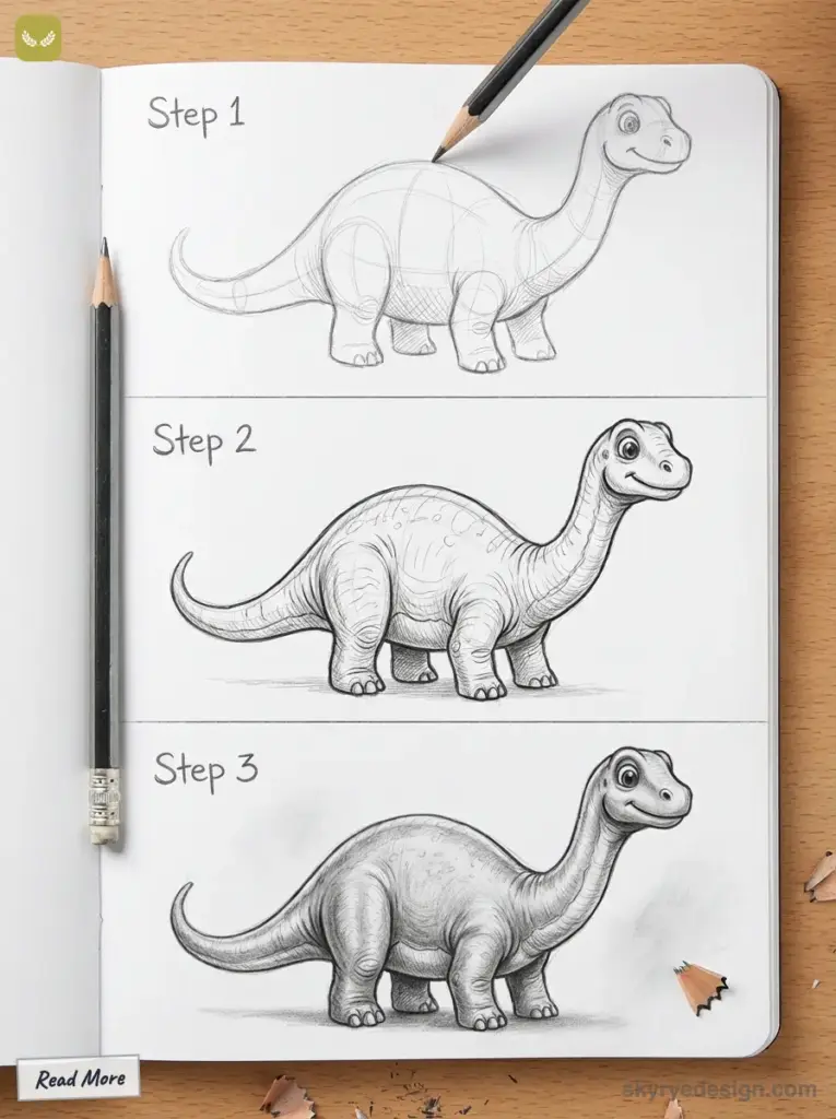 sketch-tutorial - 2026-01-27T210856401 Step-by-step guide to drawing a dinosaur: 3 stages from basic shape to detailed, shaded sketch, using pencils on paper. | Sky Rye Design Step-by-step guide to drawing a dinosaur: 3 stages from basic shape to detailed, shaded sketch, using pencils on paper.