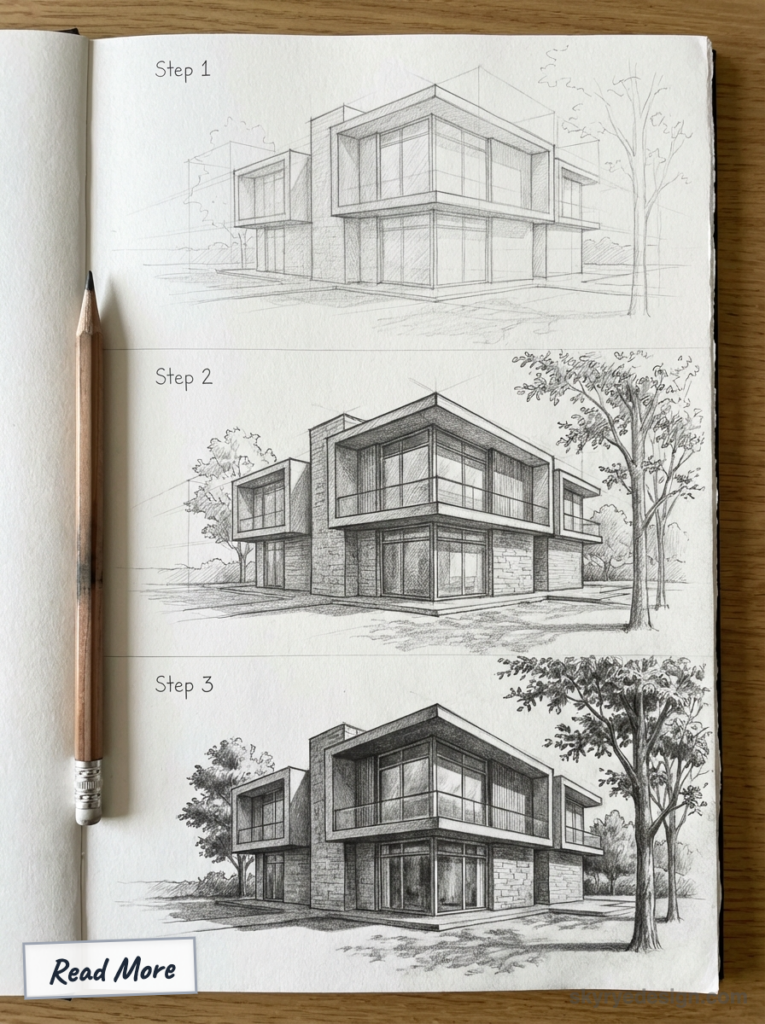 Sketchbook showing step-by-step architectural pencil sketches of a modern two-story house (Step 1-3) with pencil at left