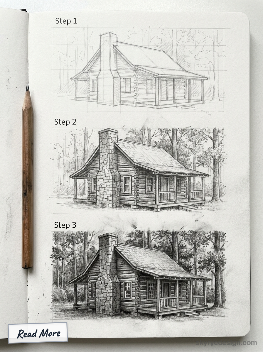 Log cabin drawing tutorial: three-step pencil sketch progression from basic construction lines to detailed shaded cabin illustration.