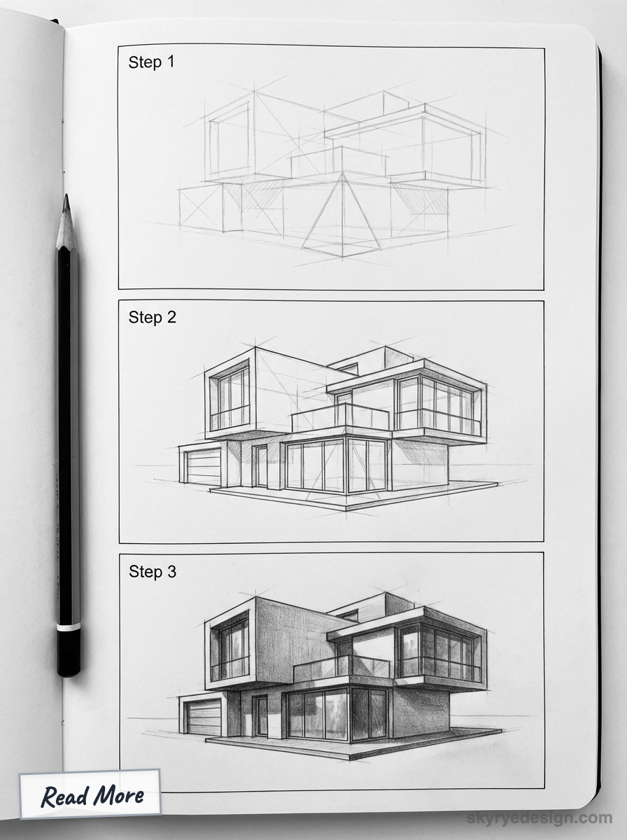 Notebook with three-step architectural pencil sketches of a modern two-story house, from rough perspective lines to detailed rendering.