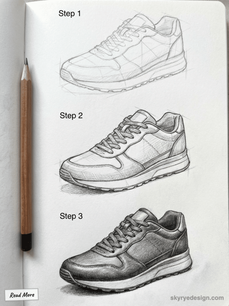 sketch-tutorial 66 Step-by-step pencil sketch showing the evolution of a sneaker drawing from outline to detailed shading, with a pencil on the side. | Sky Rye Design Step-by-step pencil sketch showing the evolution of a sneaker drawing from outline to detailed shading, with a pencil on the side.
