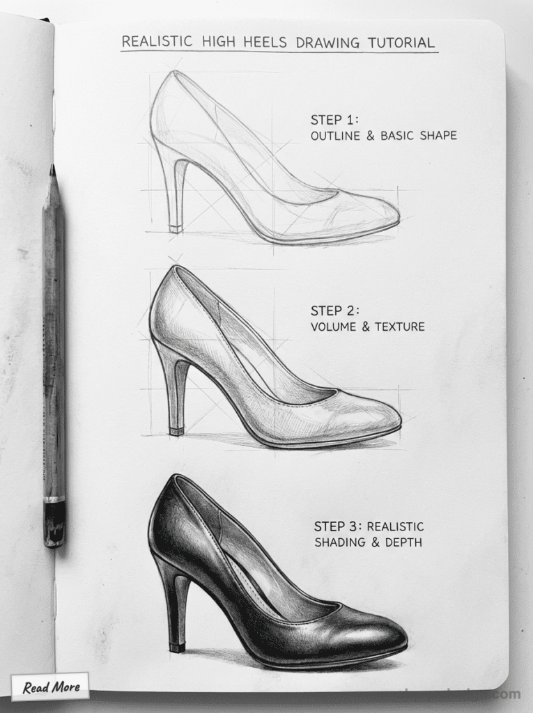 sketch-tutorial 68 Realistic high heels drawing tutorial with step-by-step guide: outlining, adding volume, texture, and depth in pencil sketch. | Sky Rye Design Realistic high heels drawing tutorial with step-by-step guide: outlining, adding volume, texture, and depth in pencil sketch.