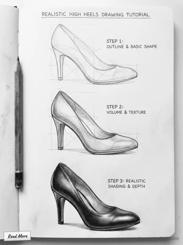 Realistic high heels drawing tutorial with step-by-step guide: outlining, adding volume, texture, and depth in pencil sketch.