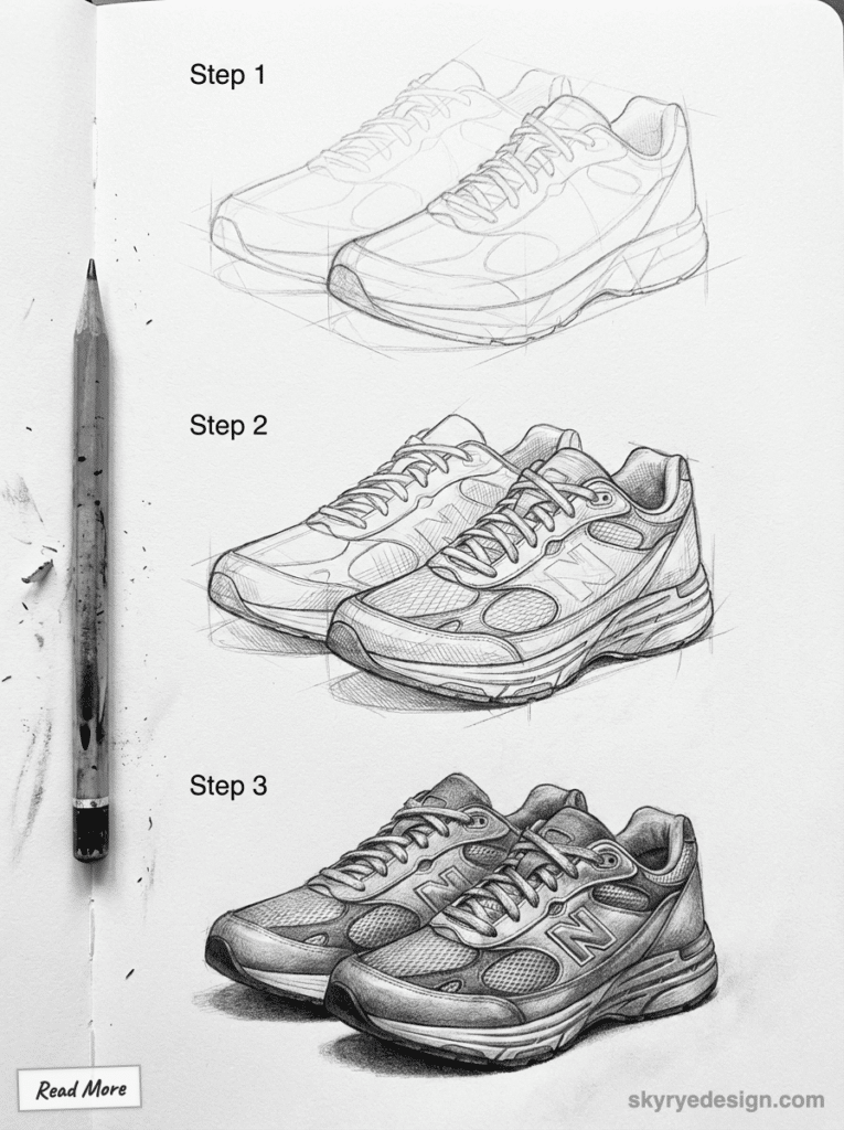 sketch-tutorial 69 Three-step pencil sketching tutorial showcasing the detailed drawing process of sneakers, from outline to shaded completion. | Sky Rye Design Three-step pencil sketching tutorial showcasing the detailed drawing process of sneakers, from outline to shaded completion.