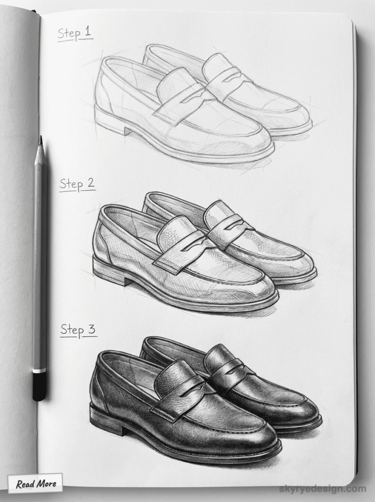 sketch-tutorial 70 Shoe design sketch showing three stages of loafer development on paper: initial outline, refined drawing, and detailed final rendering. | Sky Rye Design Shoe design sketch showing three stages of loafer development on paper: initial outline, refined drawing, and detailed final rendering. shoes drawing ideas