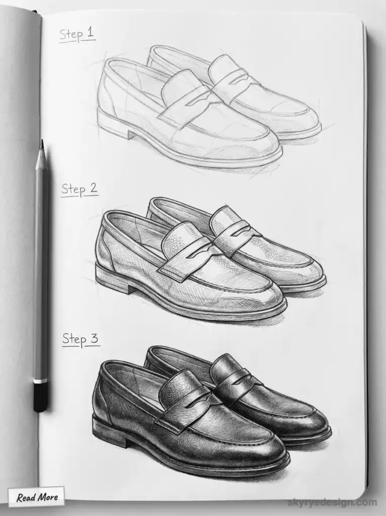 Shoe design sketch showing three stages of loafer development on paper: initial outline, refined drawing, and detailed final rendering. shoes drawing ideas