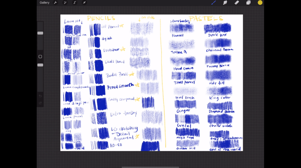 A comparison chart of various blue pencil and pastel shading techniques on a digital drawing application.