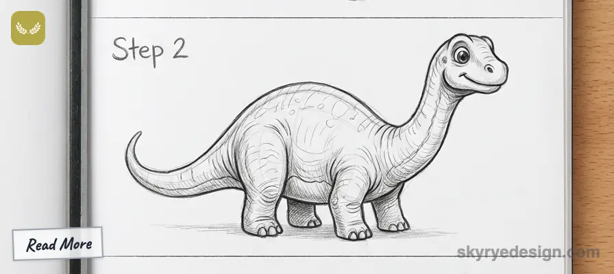 tutorial-step-2 36 Sketch of a cartoon dinosaur, Step 2. Cute, smiling brontosaurus illustration with detailed line work. Read more at the bottom left. | Sky Rye Design Sketch of a cartoon dinosaur, Step 2. Cute, smiling brontosaurus illustration with detailed line work. Read more at the bottom left.