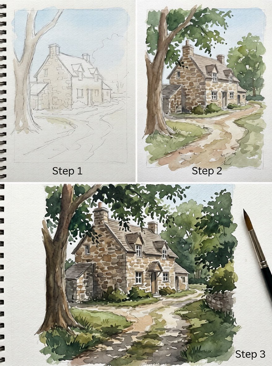 Step-by-step watercolor tutorial: sketch to finished stone cottage painting with tree, winding path and foliage (Steps 1–3)
