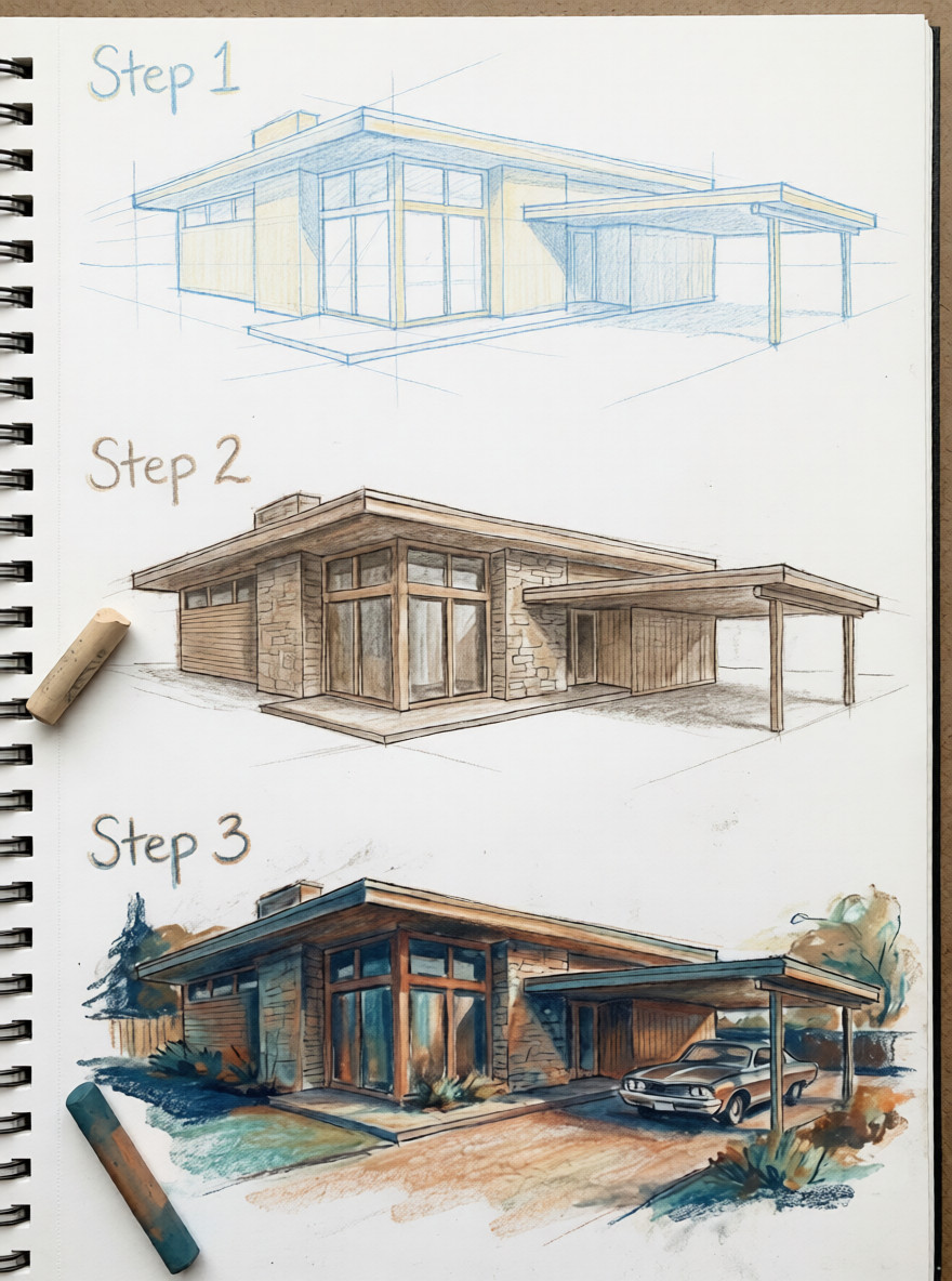 Three-step architectural sketch progression of a mid-century modern house: linework, shaded rendering, full-color illustration with carport