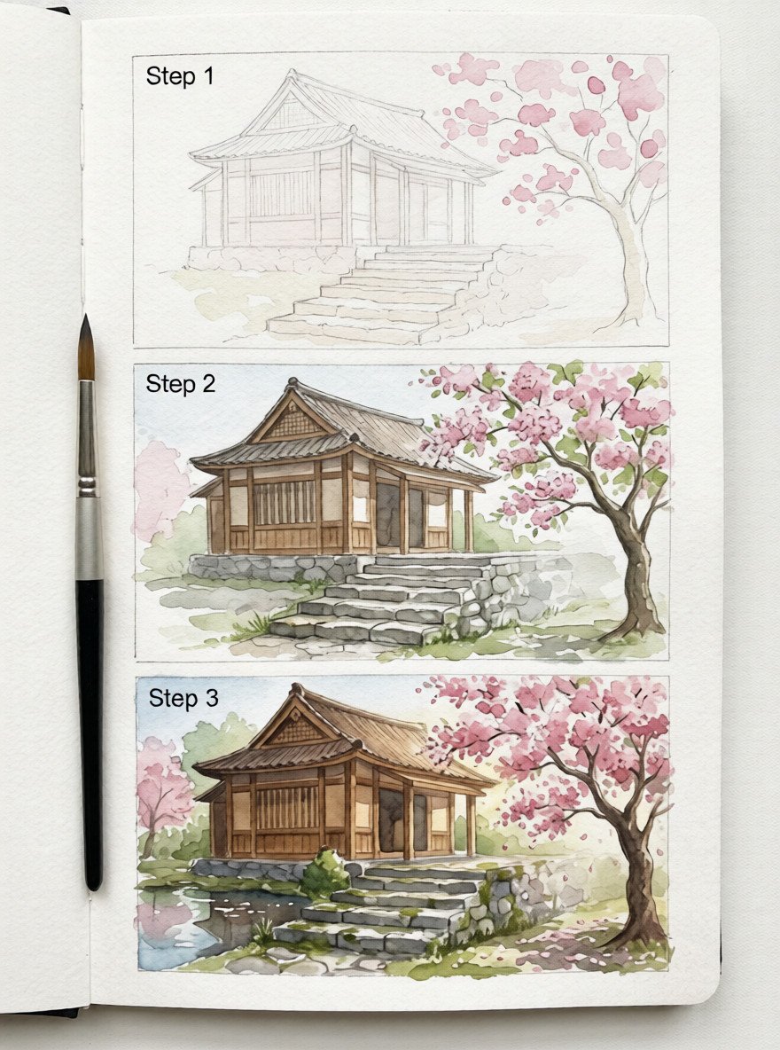 Watercolor step-by-step tutorial of a traditional Japanese wooden house with stone steps and blooming cherry tree in a sketchbook with paintbrush