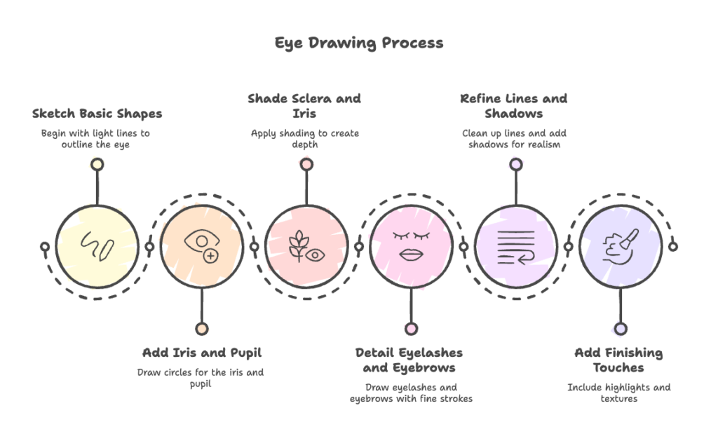 Infographic showing the eye drawing process: sketch, shade, refine lines, add detail, and finishing touches for realistic effects.