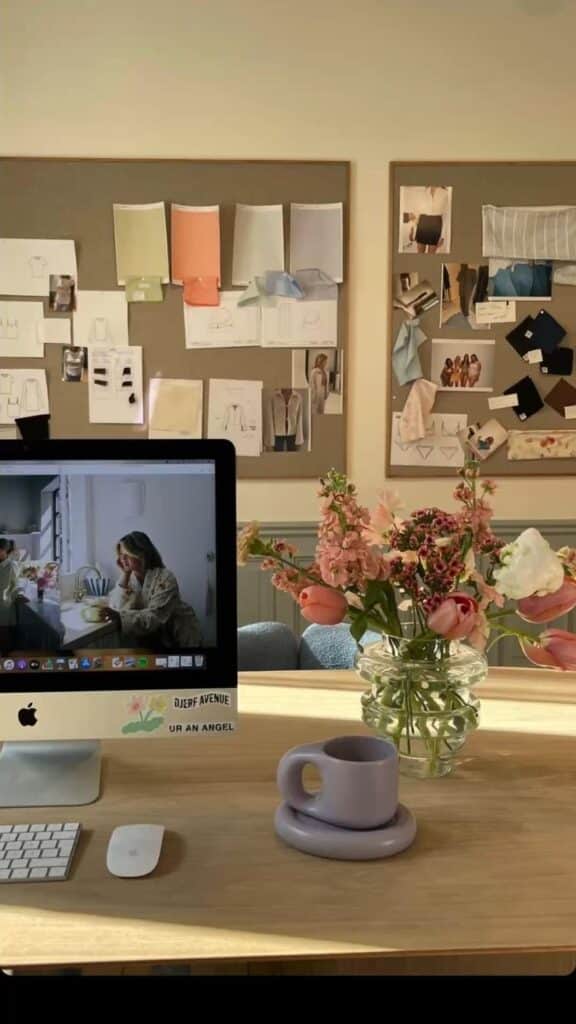 🤍 Creative workspace with mood boards, computer, keyboard, and flowers for inspiration and design ideas. | Sky Rye Design Creative workspace with mood boards, computer, keyboard, and flowers for inspiration and design ideas.