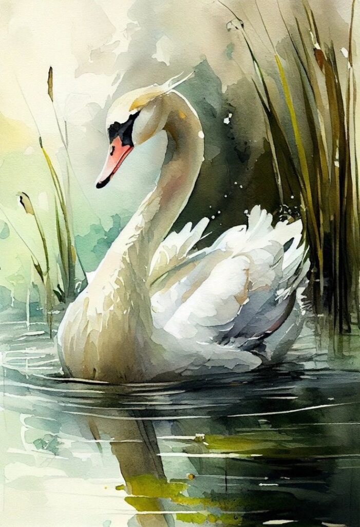 Watercolor painting of a graceful swan gliding on a serene pond surrounded by reeds.