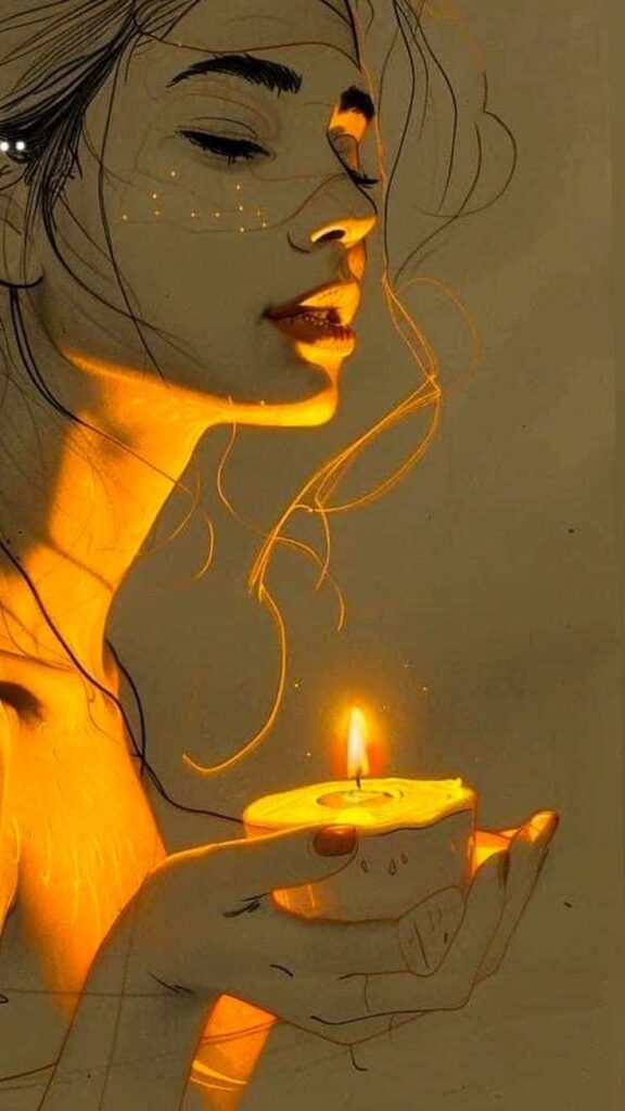 Woman holding candle with serene expression, warm glow highlighting her face.