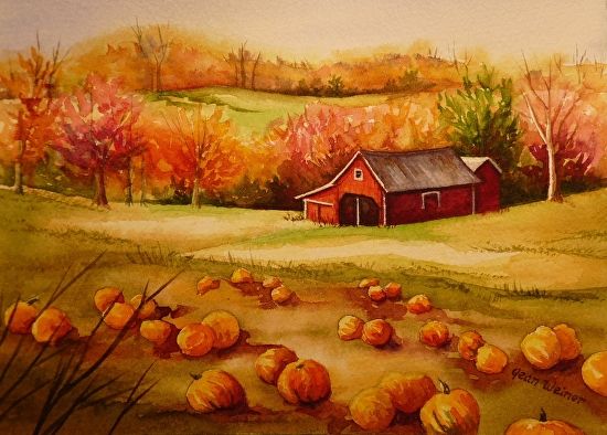 Autumn landscape with pumpkins, red barn, and colorful foliage, capturing the essence of fall on a countryside farm.