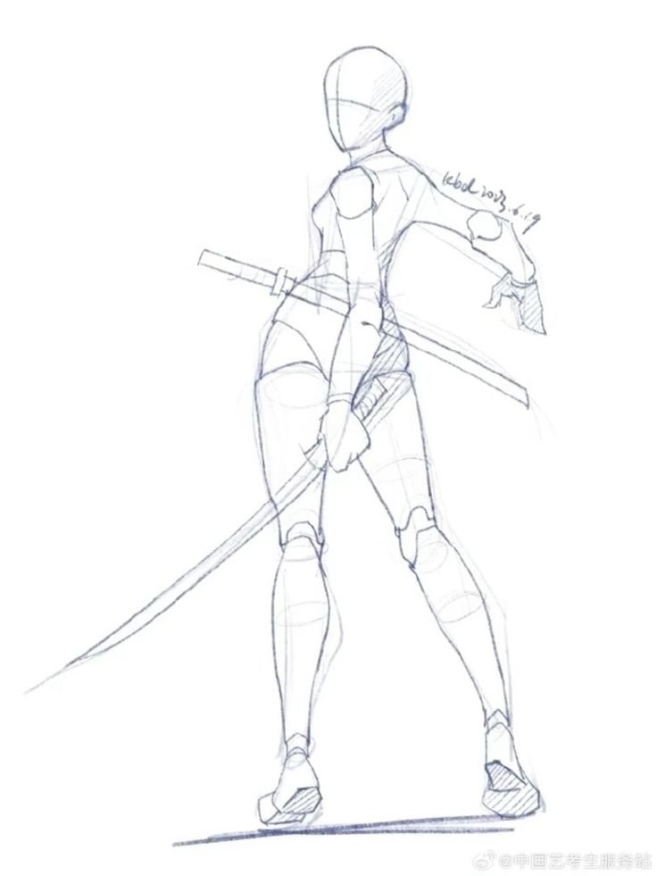 Sketch of a sword-wielding figure in a dynamic pose, showcasing anatomy and movement.